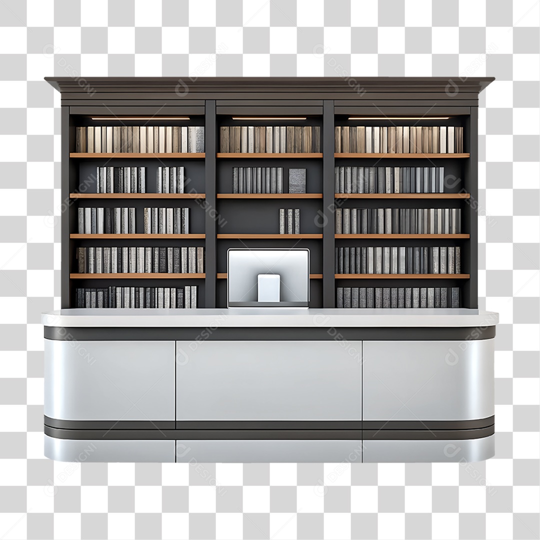 Biblioteca com Estante de Livros em Madeira e Balcão de Atendimento em Aço PNG Transparente
