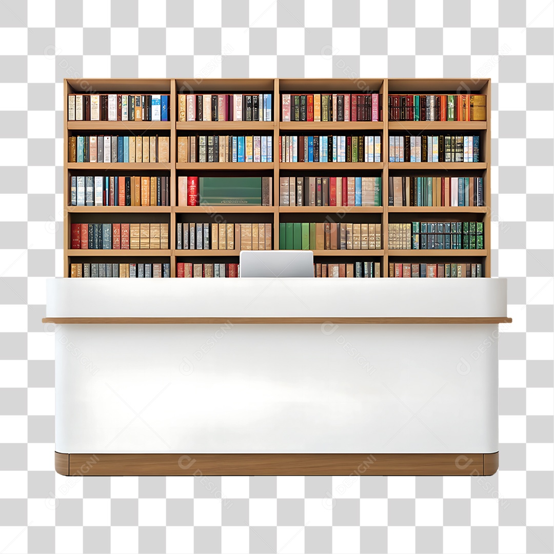 Biblioteca com Estante de Livros em Madeira e Balcão de Atendimento PNG Transparente