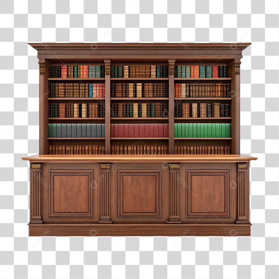 Biblioteca com Estante e Balcão de Atendimento em Madeira PNG Transparente