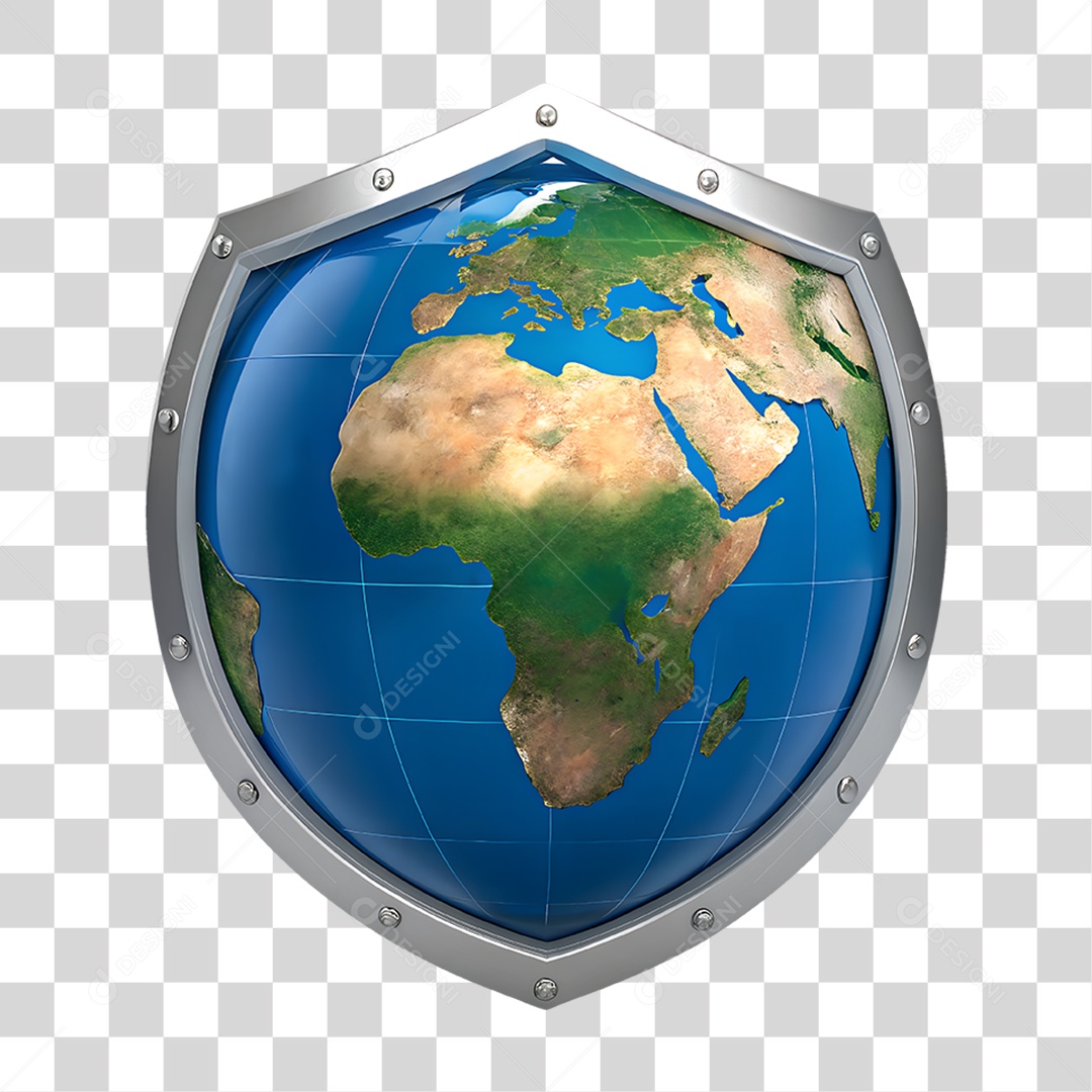 Planeta Terra em Escudo de Metal PNG Transparente