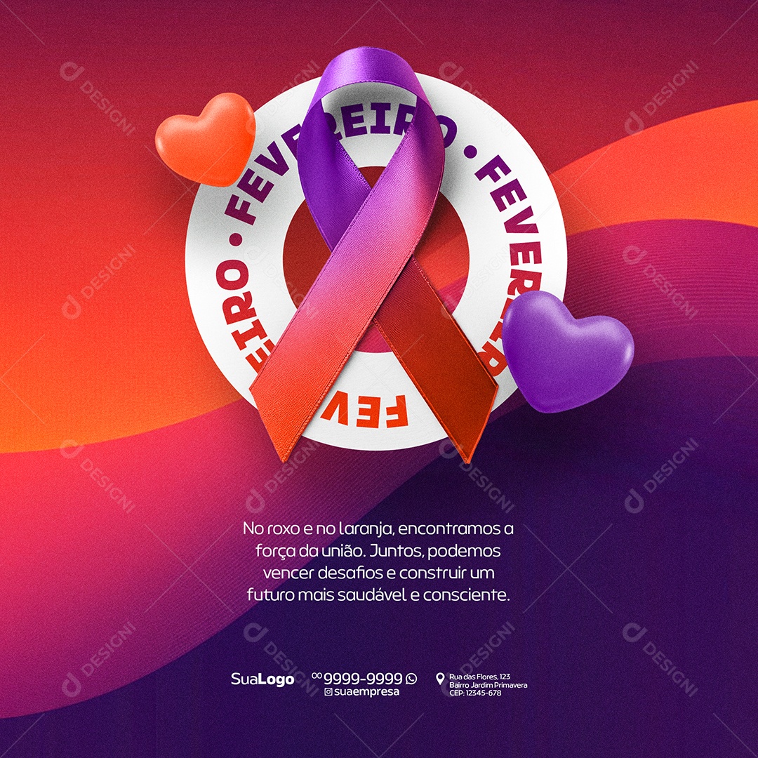 Fevereiro Roxo e Laranja Social Media PSD Editável