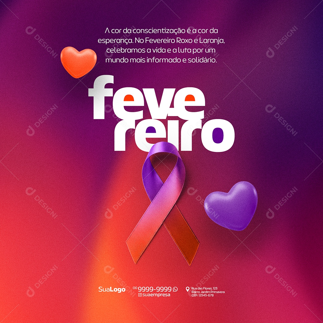 Fevereiro Roxo e Laranja A Cor da Conscientização é a Cor da Esperança Social Media PSD Editável