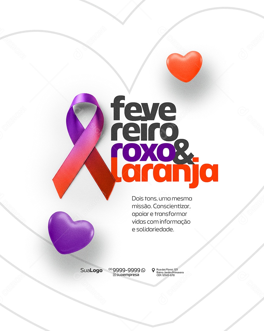 Fevereiro Roxo e Laranja Social Media PSD Editável