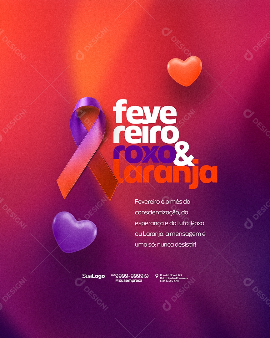 Fevereiro Roxo e Laranja Social Media PSD Editável