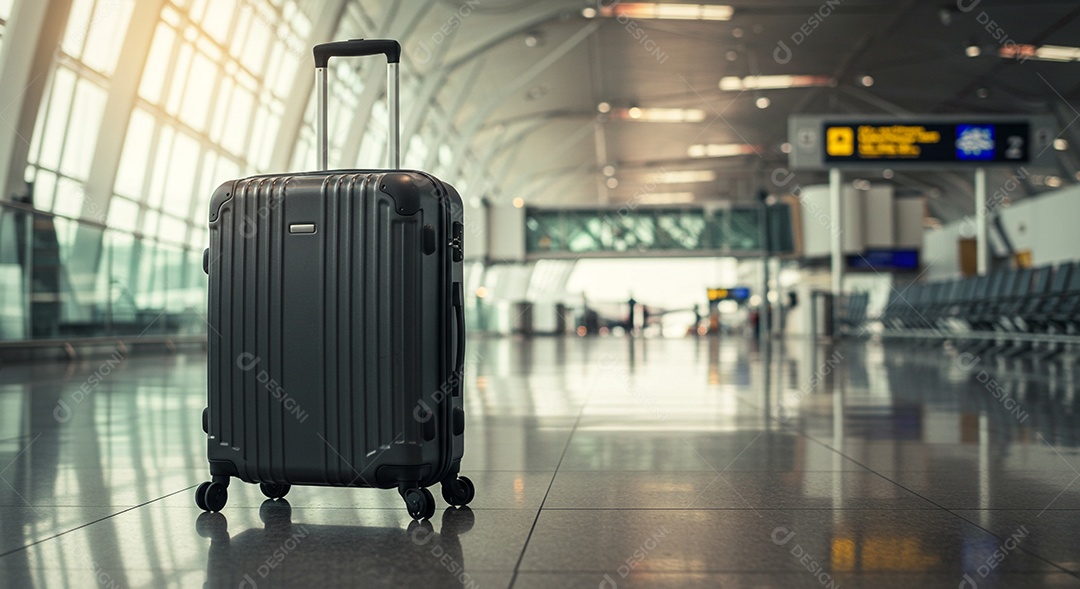 Mala preta com rodinhas em um terminal de aeroporto moderno