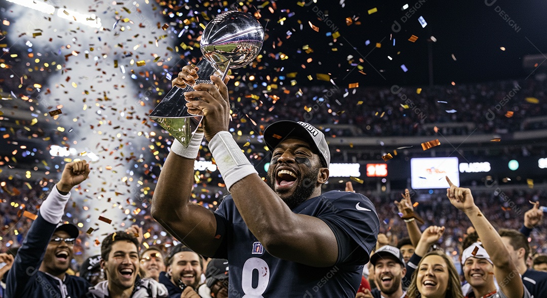 Jogador de futebol americano comemorando a vitória no campeonato