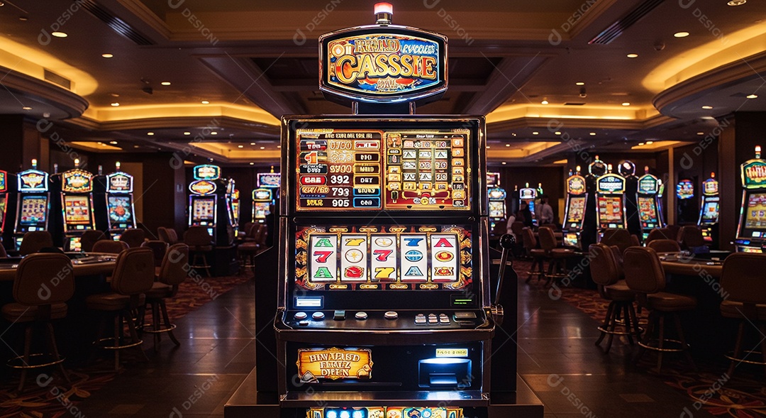 Interior luxuoso do cassino com máquinas caça níqueis ambiente de iluminação elegante