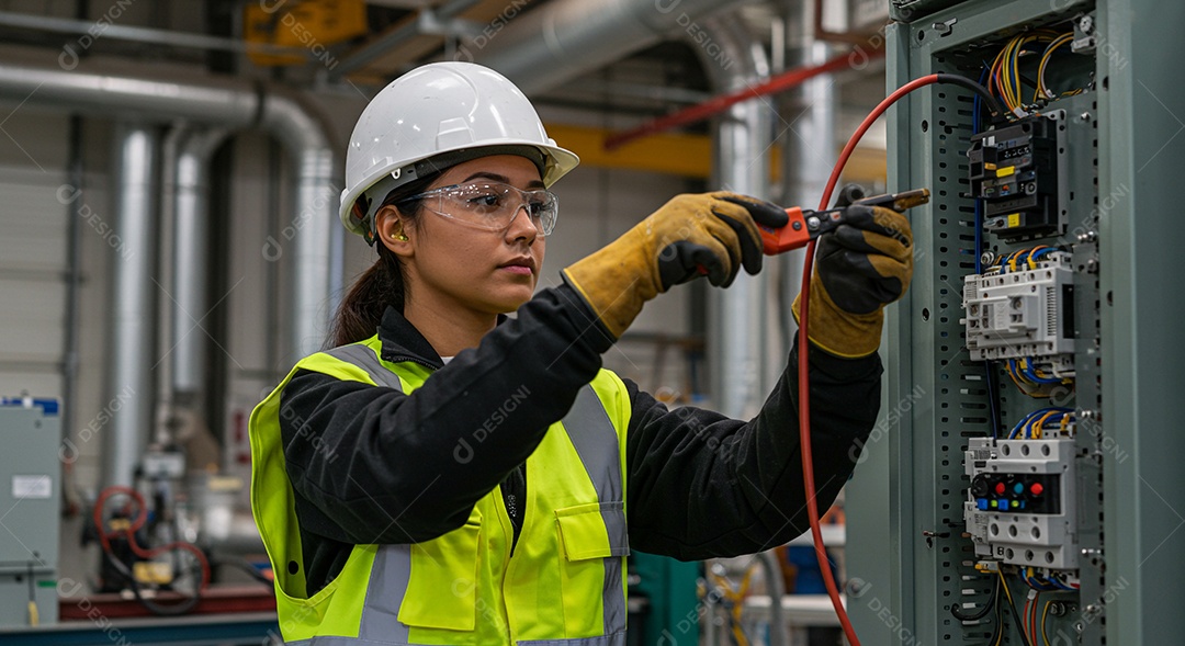 Eletricista com equipamento de segurança testando painel elétrico industrial