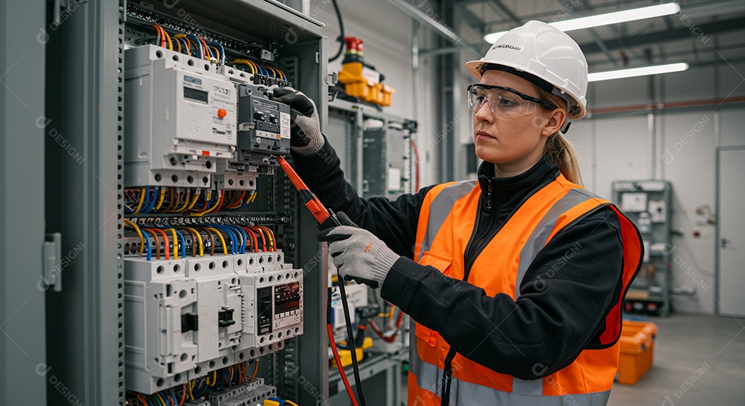 Eletricista com equipamento de segurança testando painel elétrico industrial
