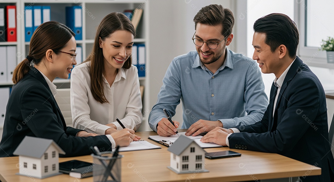 Equipe empresarial diversificada discutindo planos de investimento imobiliário