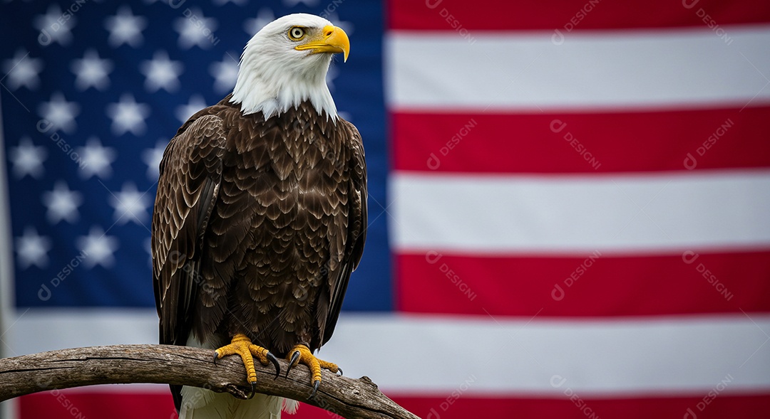 Majestosa águia americana empoleirada em um galho em frente à bandeira americana
