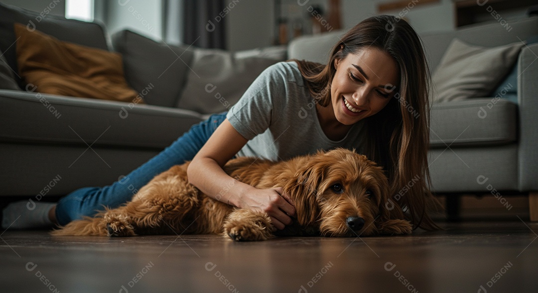 Mulher linda deitada com seu cachorro