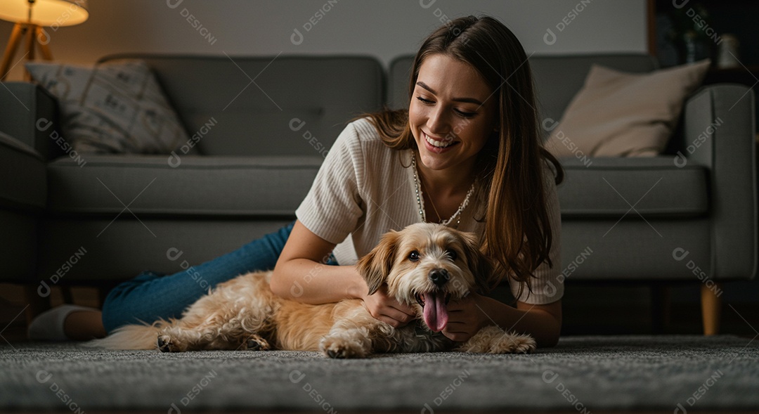 Mulher linda e cachorro fofo