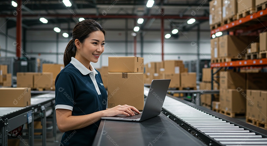 Trabalhador de logística de armazém usando laptop na correia transportadora