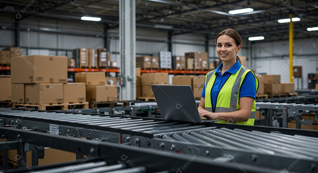 Trabalhador de logística de armazém usando laptop na correia transportadora