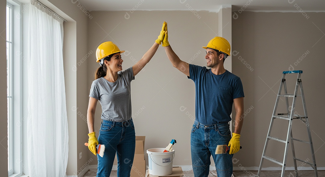 Pintores felizes comemorando após terminarem um trabalho