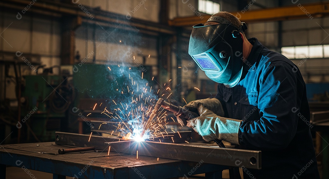 Soldador trabalhando com detalhes de faíscas de fogo
