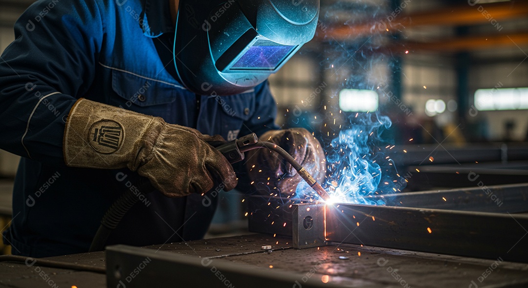 Soldador trabalhando com detalhes de faíscas de fogo