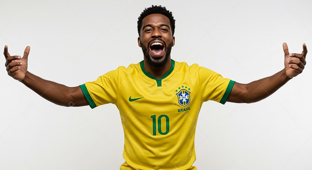 Torcedor brasileiro de futebol torcendo com a camisa verde e amarela da seleção