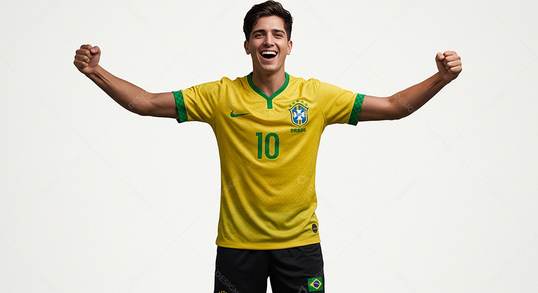 Torcedor brasileiro de futebol torcendo com a camisa verde e amarela da seleção