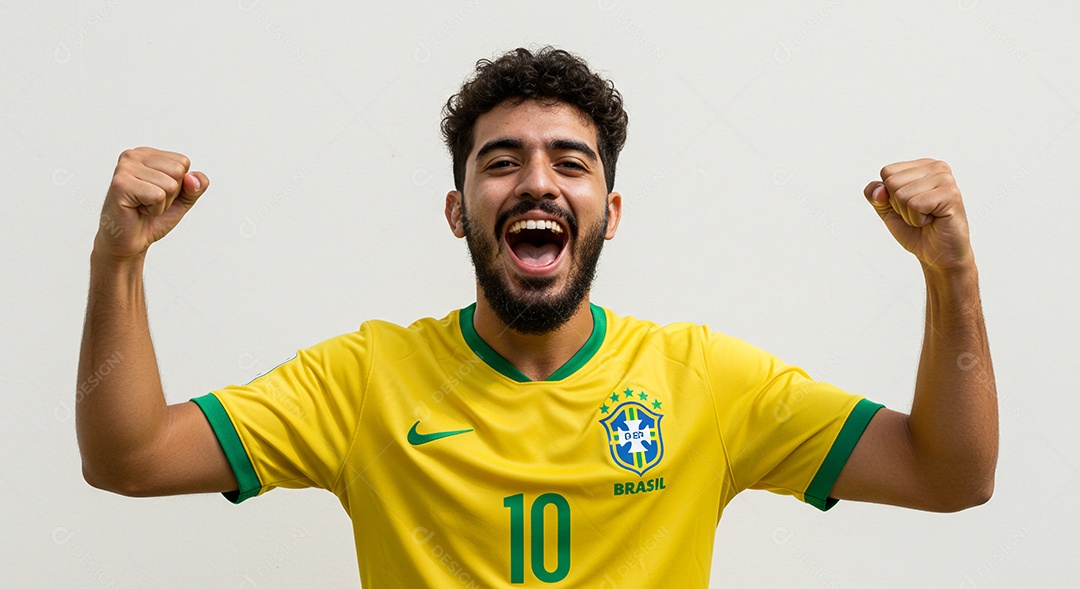 Torcedor brasileiro de futebol torcendo com a camisa verde e amarela da seleção