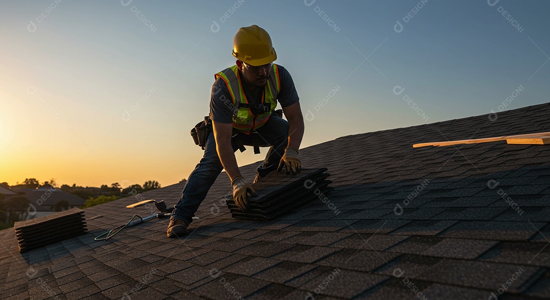 Telhadista instalando telhas ao pôr do sol