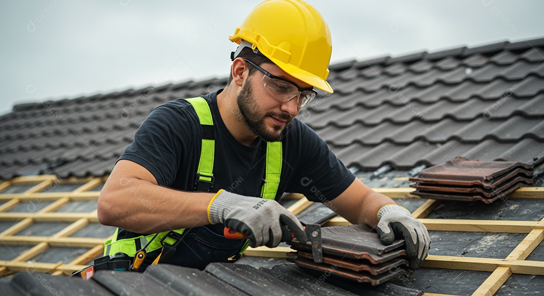 O pedreiro conserta telhas em um telhado