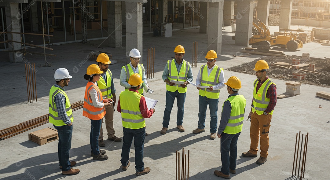 Reunião da equipe de construção no local de trabalho