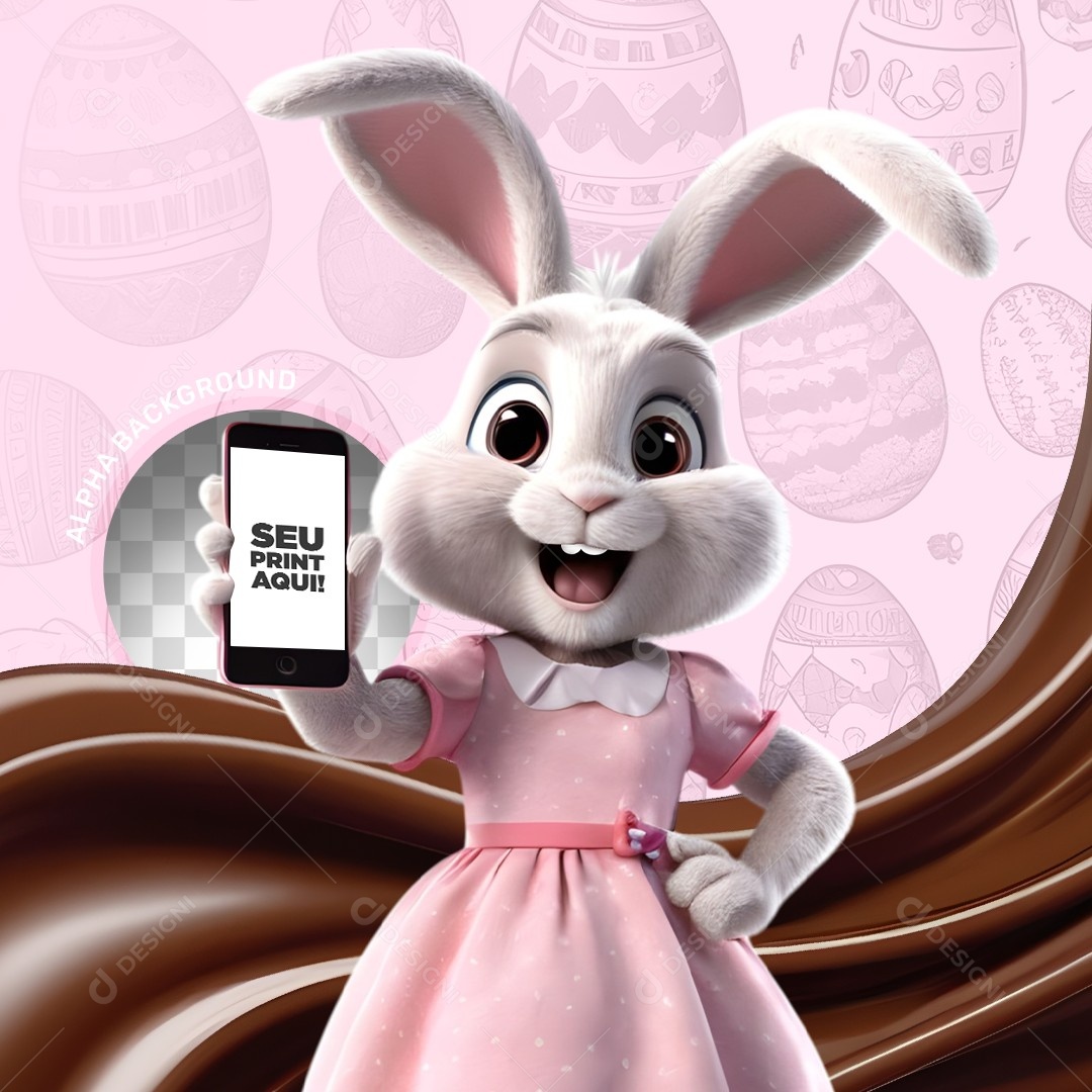 Elemento 3D Coelho da Páscoa Segurando um Celular Para Composição PSD