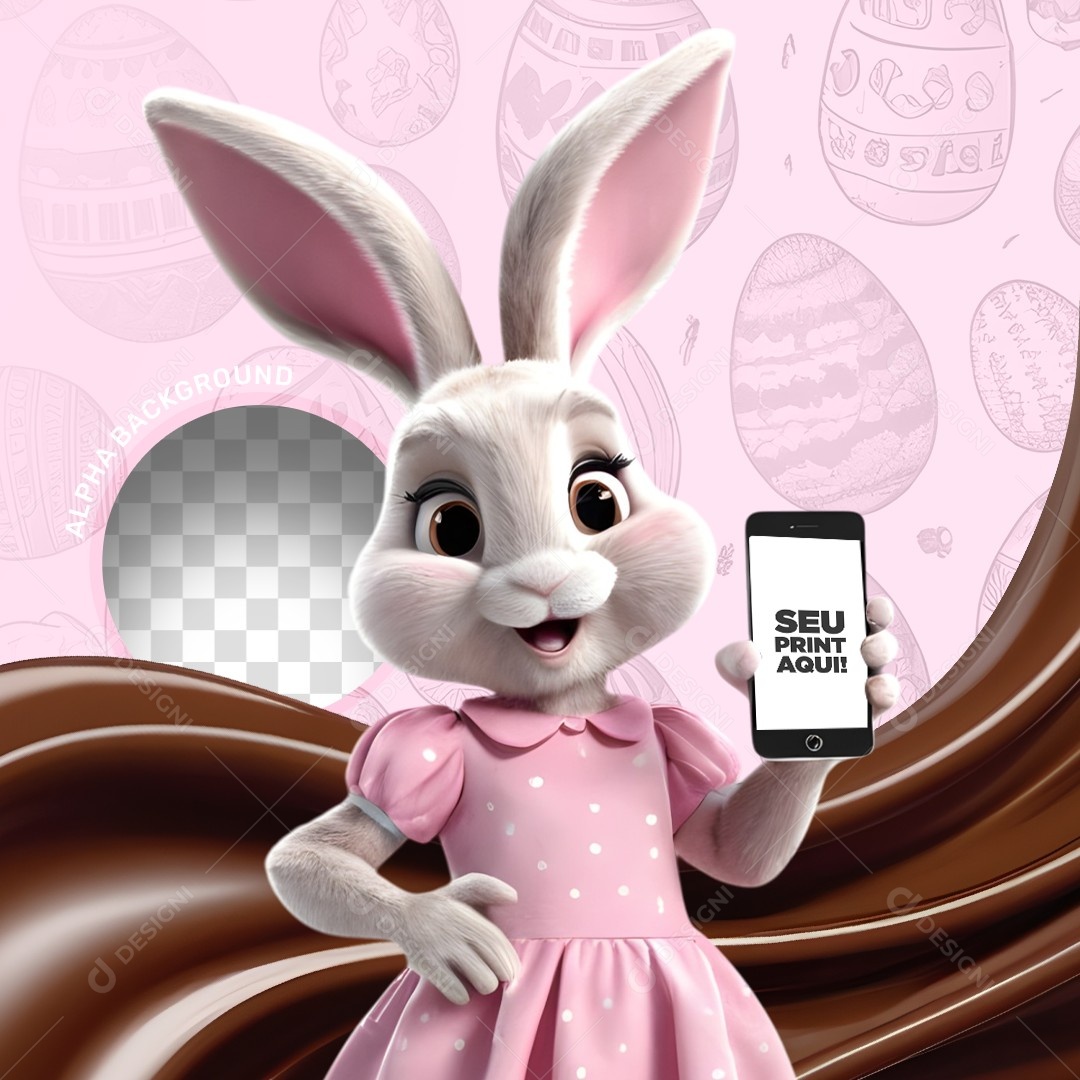 Elemento 3D Coelho da Páscoa Segurando um Celular Para Composição PSD