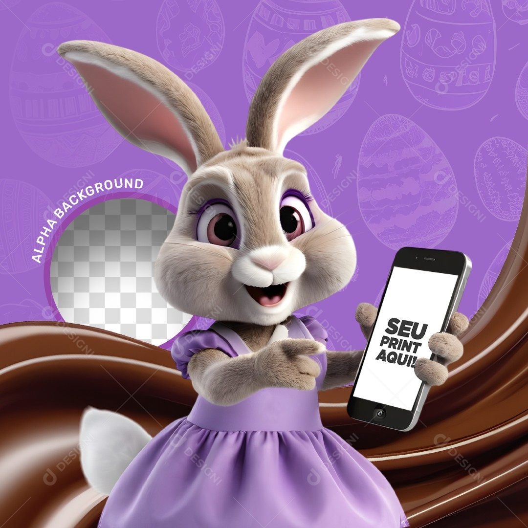 Elemento 3D Coelho da  Páscoa Segurando um Celular Para Composição PSD