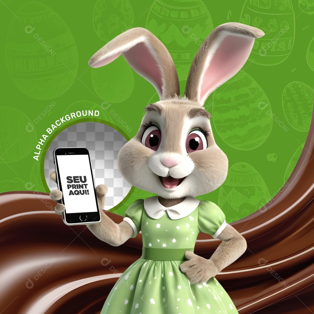 Elemento 3D Coelho da Páscoa Segurando um Celular Para Composição PSD