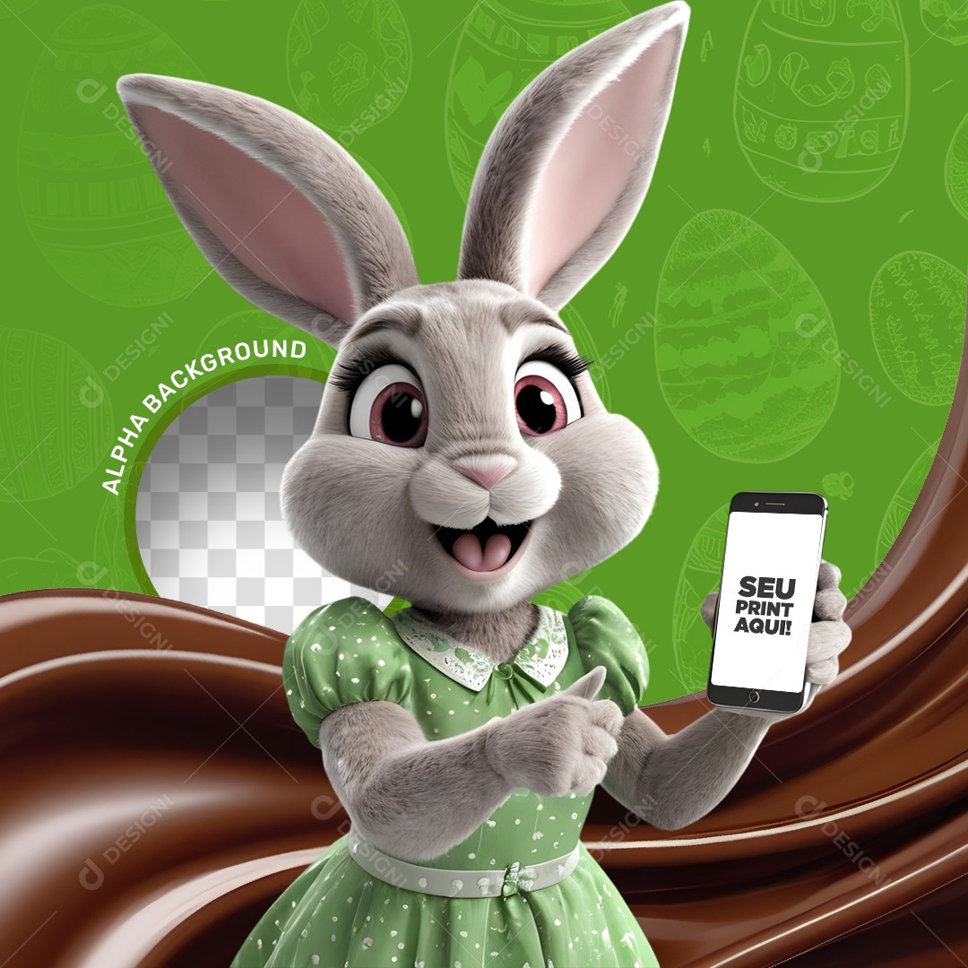 Elemento 3D Coelho da Páscoa Segurando um Celular Para Composição PSD