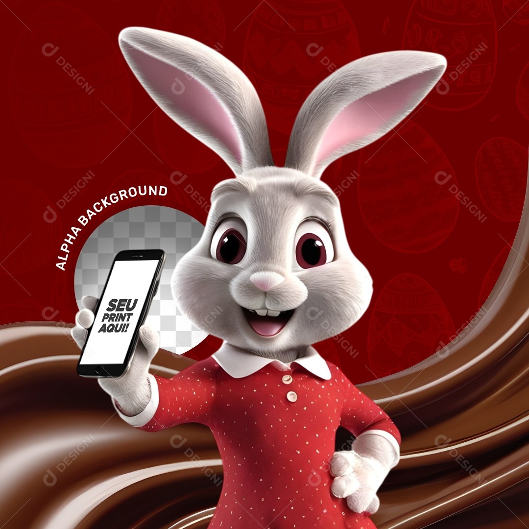 Elemento 3D Coelho da Páscoa Segurando um Celular Para Composição PSD