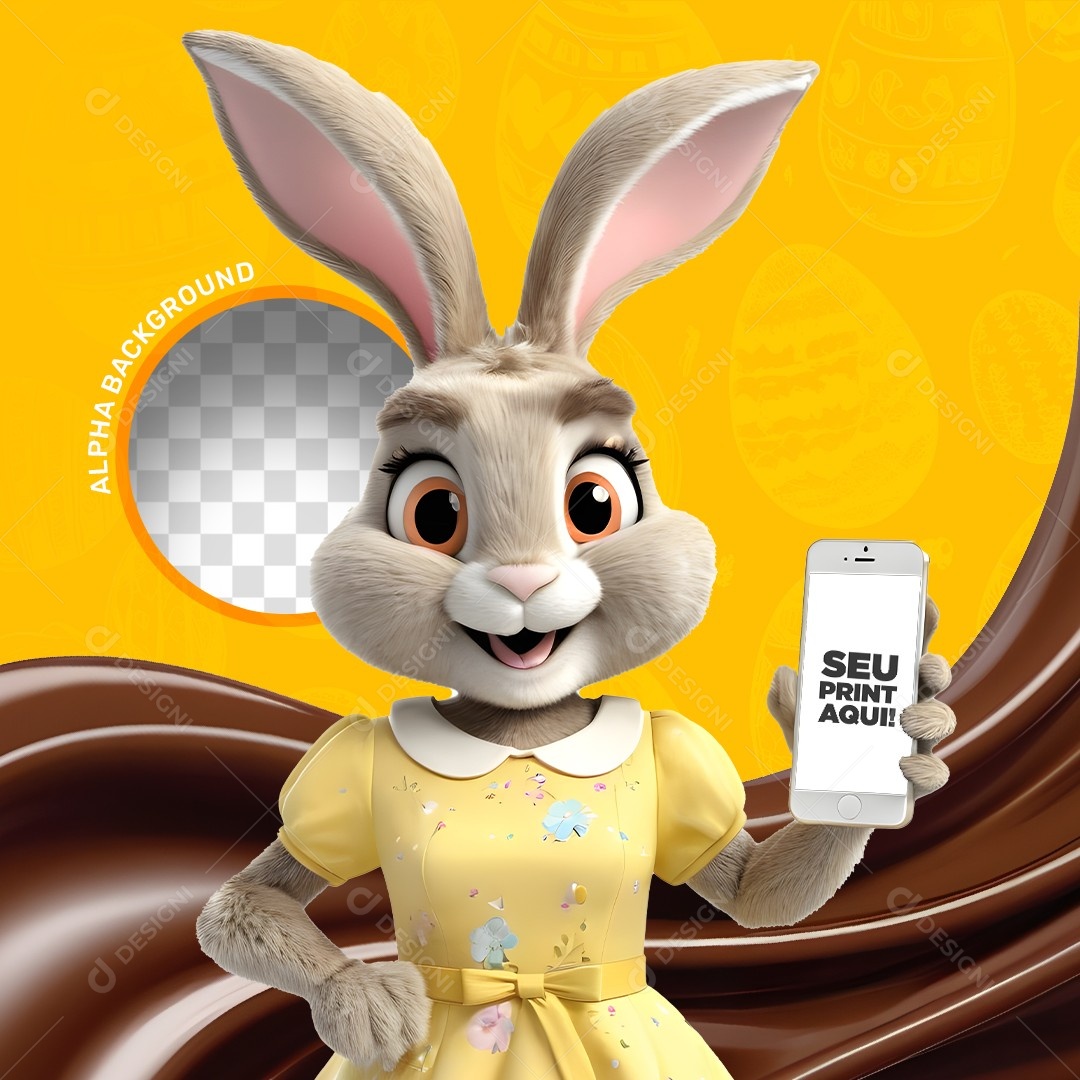 Elemento 3D Coelho da Páscoa Segurando um Celular Para Composição PSD