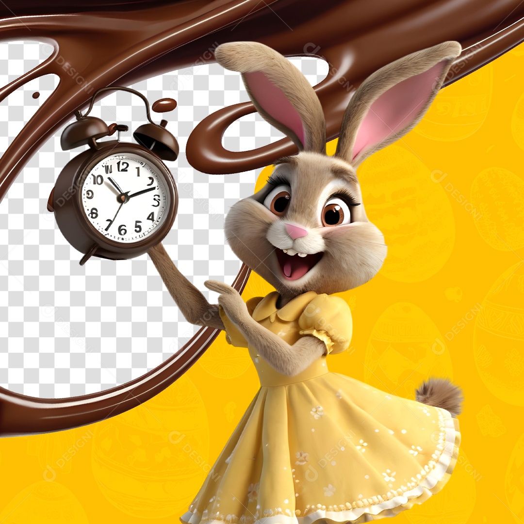 Elemento 3D Coelho da Páscoa Segurando um Relógio Para Composição PSD
