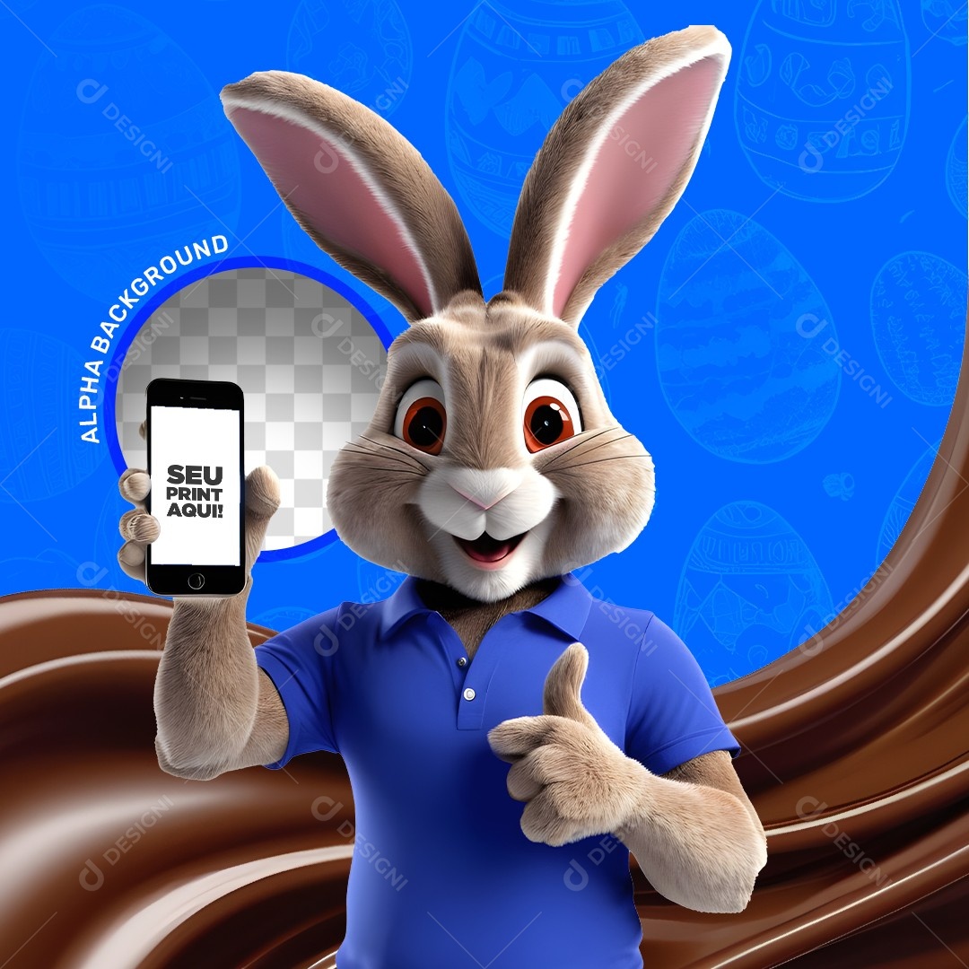 Elemento 3D Coelho da Páscoa Segurando um Celular Para Composição PSD