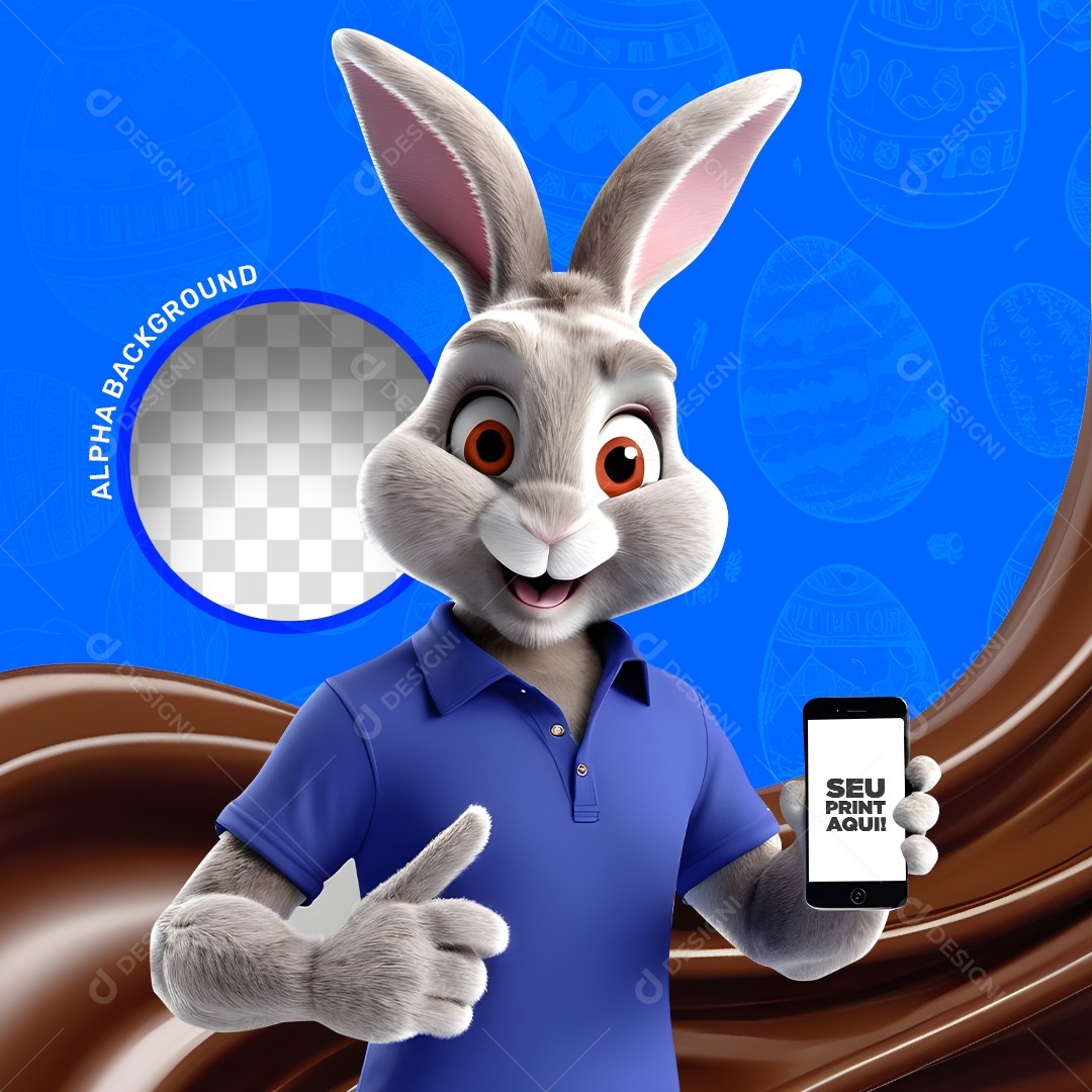 Elemento 3D Coelho da Páscoa Segurando um Celular Para Composição PSD