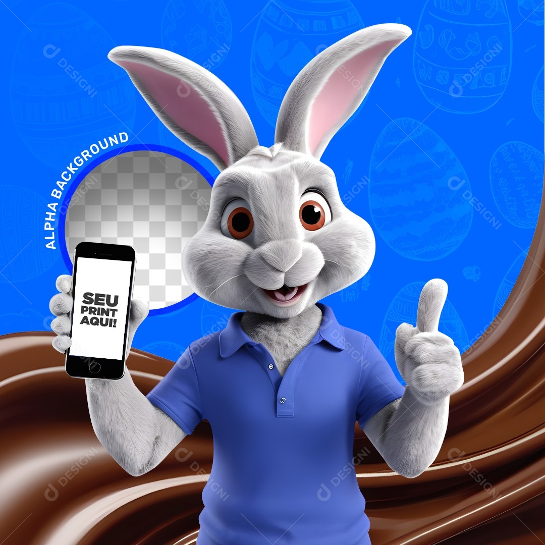 Elemento 3D Coelho da Páscoa Segurando um Celular Para Composição PSD