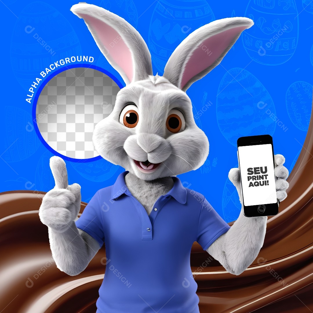 Elemento 3D Coelho da Páscoa Segurando um Celular Para Composição PSD