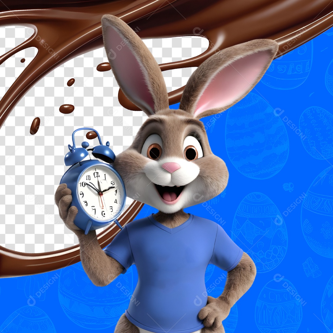 Elemento 3D Coelho da Páscoa Segurando um Relógio Para Composição PSD