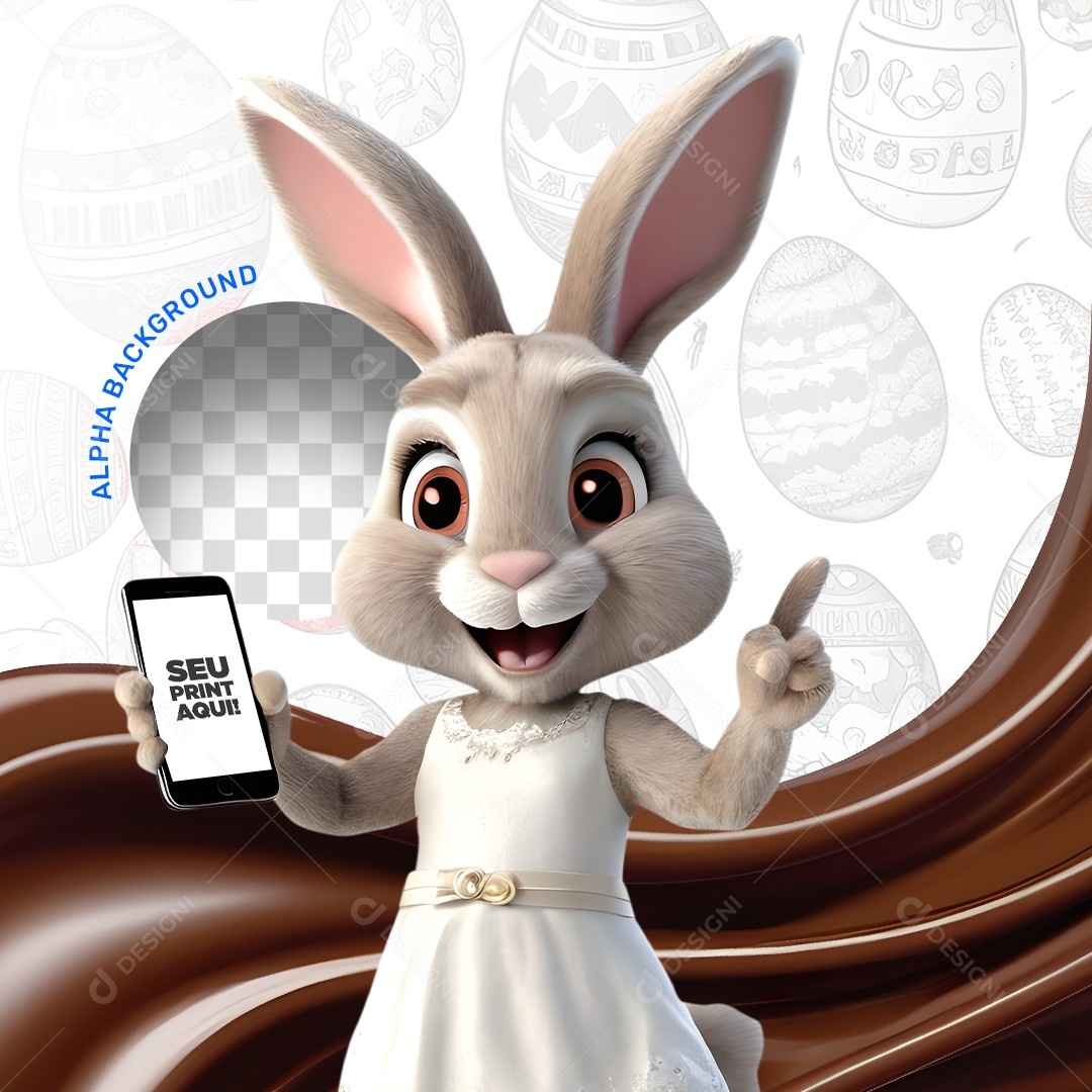 Elemento 3D Coelho da Páscoa Segurando um Celular Para Composição PSD