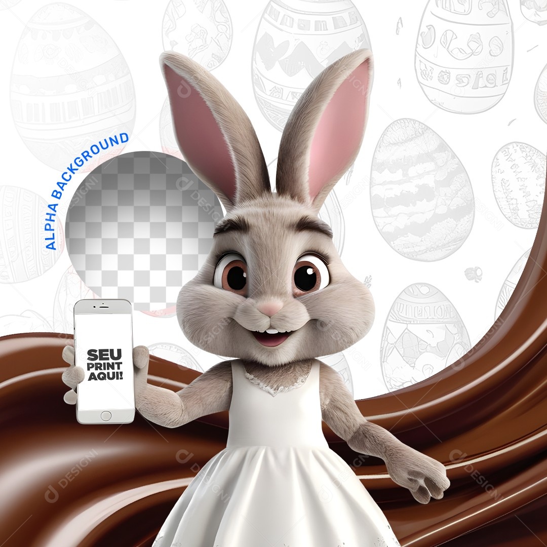 Elemento 3D Coelho da Páscoa Segurando um Celular Para Composição PSD