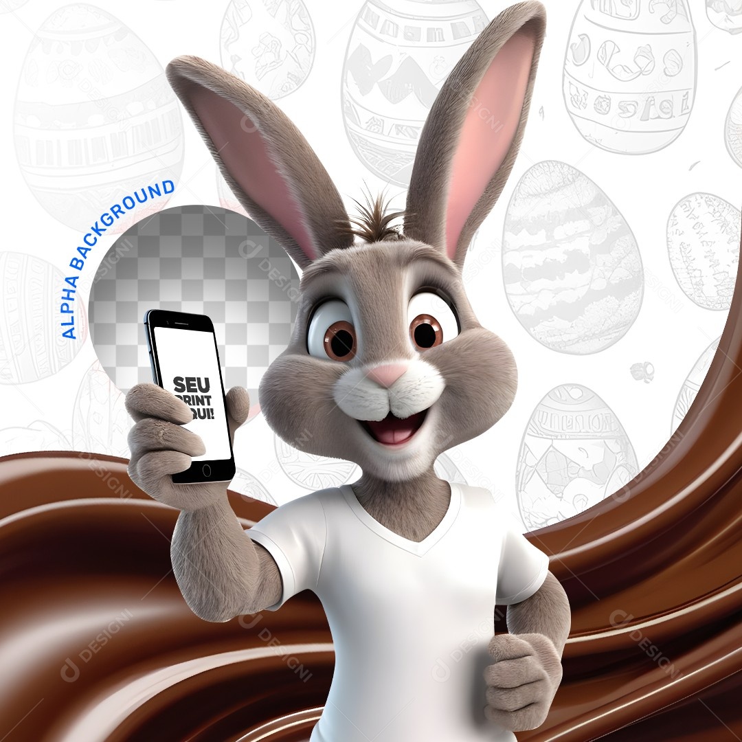 Elemento 3D Coelho da Páscoa Segurando um Celular Para Composição PSD