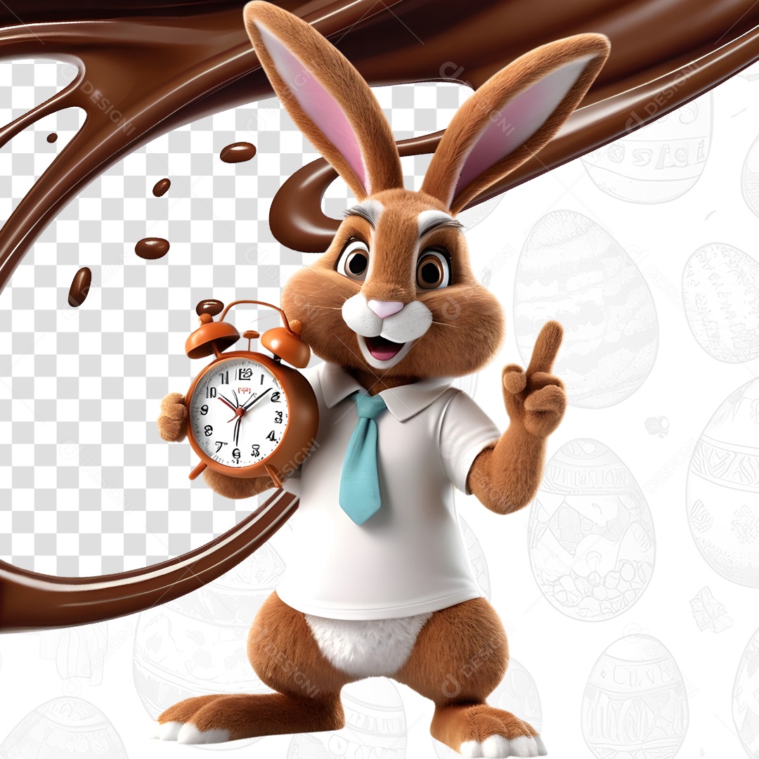 Elemento 3D Coelho da Páscoa Segurando um Relógio Para Composição PSD