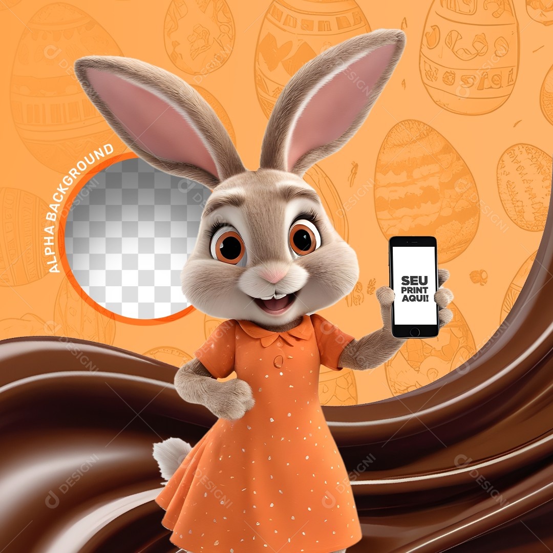 Elemento 3D Coelho da Páscoa Segurando um Celular Para Composição PSD