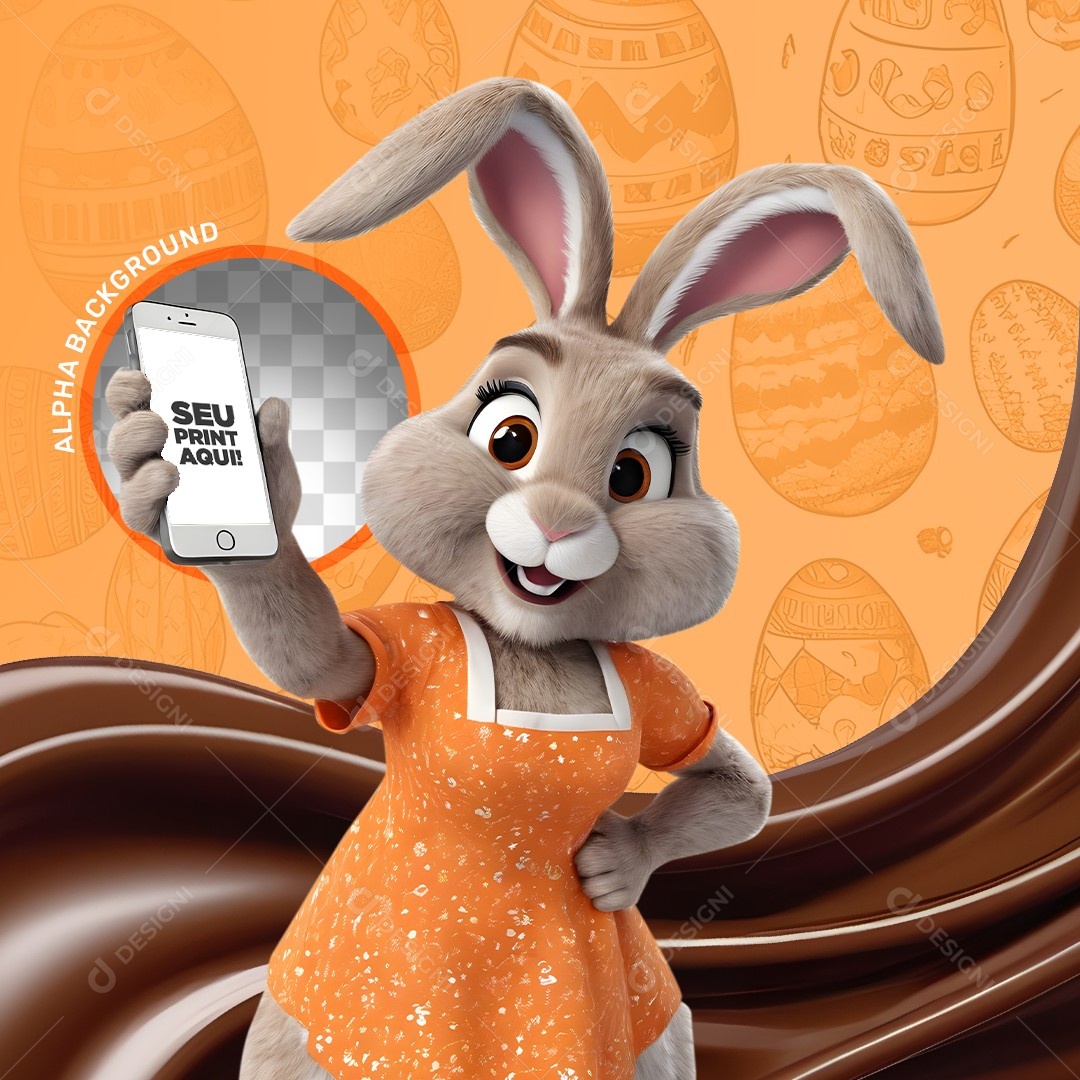 Elemento 3D Coelho da Páscoa Segurando um Celular Para Composição PSD
