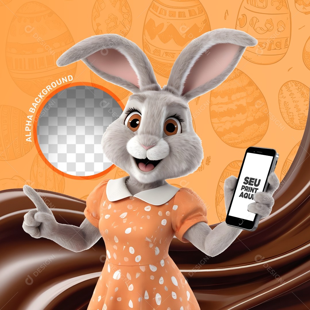 Elemento 3D Coelho da Páscoa Segurando um Celular Para Composição PSD
