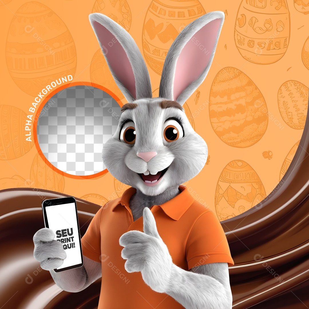 Elemento 3D Coelho da Páscoa Segurando um Celular Para Composição PSD