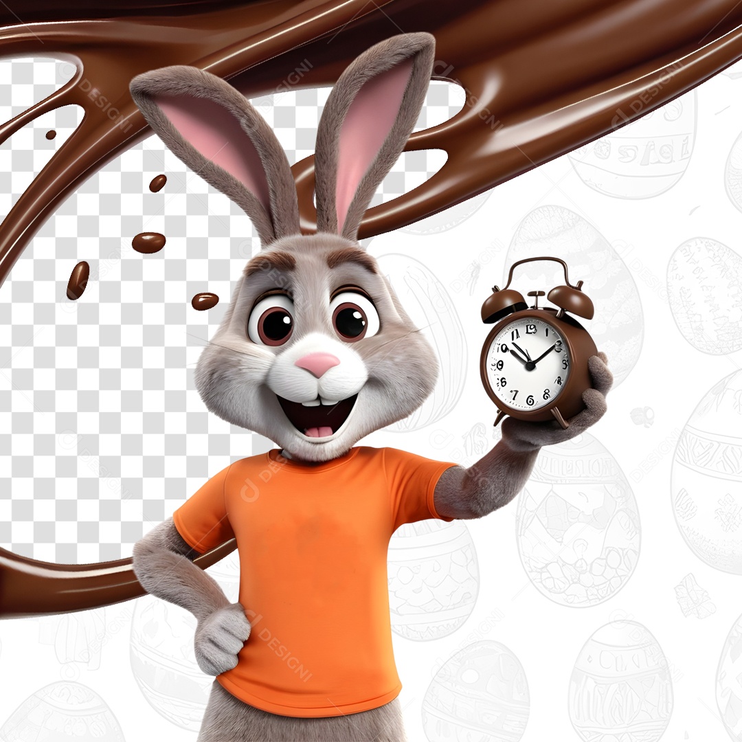 Elemento 3D Coelho da Páscoa Segurando um Relógio Para Composição PSD